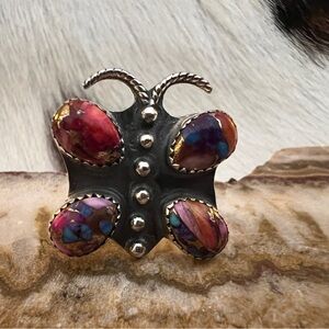 ❤️ Spiny Oyster Kingman Turquoise Butterfly Ring 925 Navajo Adjustable 10.5 Gm